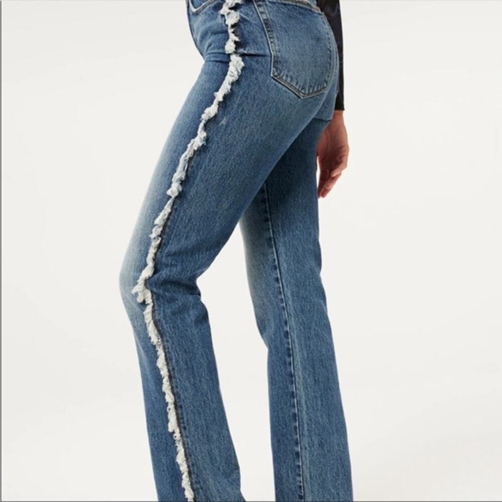 Good American Medium Wash Blue Good Boy Straight Jeans Side Fray Size 0 / 25